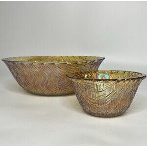 Vtg Iridescent Amber Marigold Indiana Carnival Glass WeaveTex Bowls 9" and 4.5"